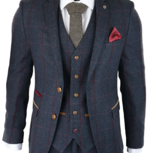 Mens Herringbone Tweed 3 Piece Navy Red Check Suit Vintage 1920s Tailored Fit